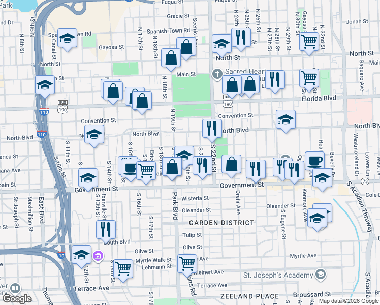 map of restaurants, bars, coffee shops, grocery stores, and more near 1929 America Street in Baton Rouge