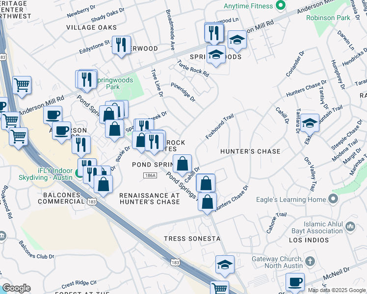map of restaurants, bars, coffee shops, grocery stores, and more near 8701 Schick Road in Austin