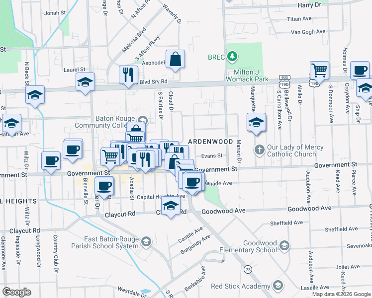 map of restaurants, bars, coffee shops, grocery stores, and more near 365 South Waverly Drive in Baton Rouge