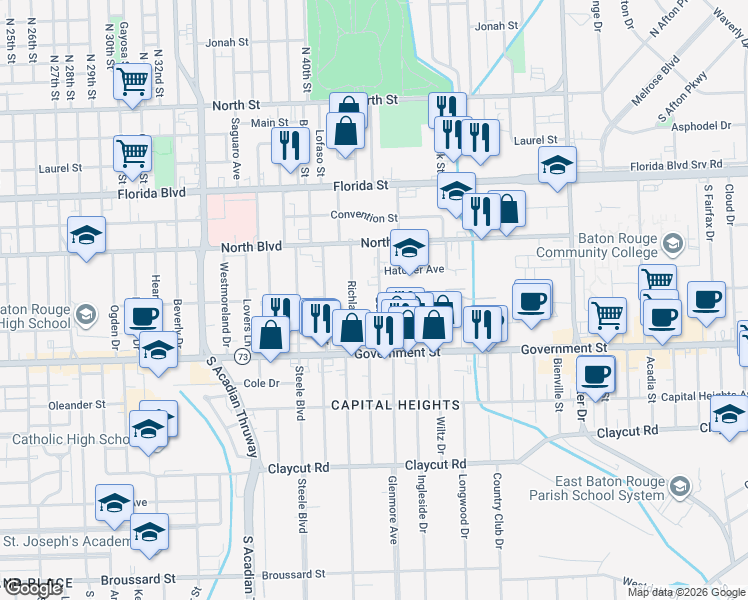 map of restaurants, bars, coffee shops, grocery stores, and more near 242 Edison Street in Baton Rouge