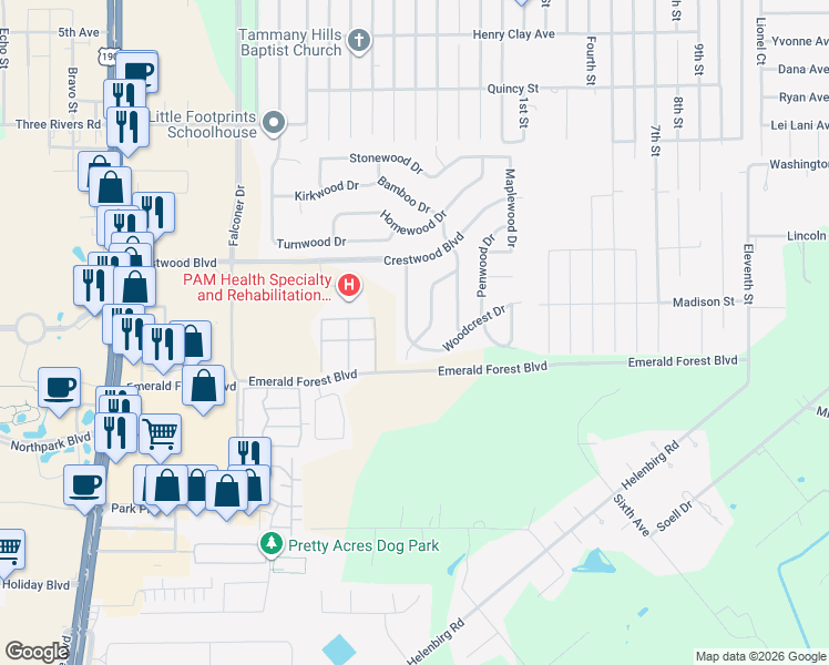map of restaurants, bars, coffee shops, grocery stores, and more near 131 Woodcrest Drive in Covington