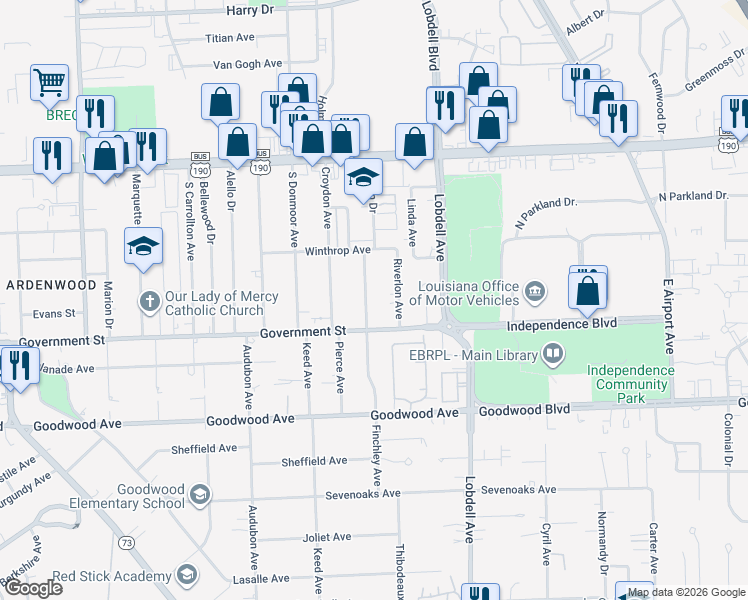 map of restaurants, bars, coffee shops, grocery stores, and more near 376 Riverlon Avenue in Baton Rouge