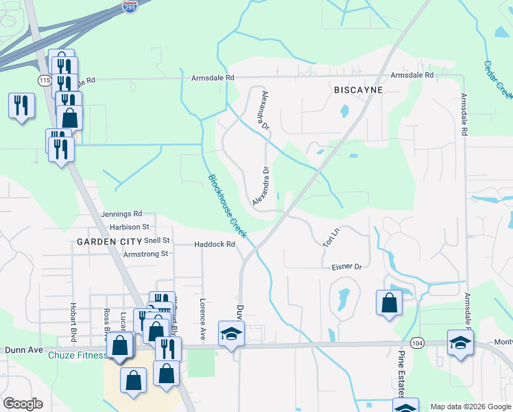 map of restaurants, bars, coffee shops, grocery stores, and more near 12166 Alexandra Drive in Jacksonville