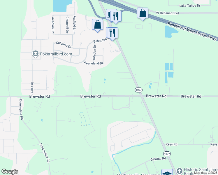 map of restaurants, bars, coffee shops, grocery stores, and more near 70091 Louisiana 1077 in Covington