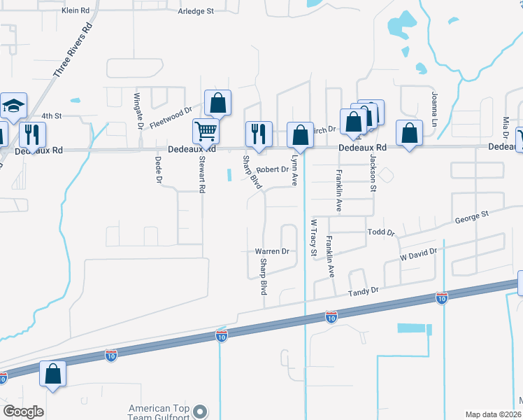 map of restaurants, bars, coffee shops, grocery stores, and more near 520 Sharp Boulevard in Gulfport