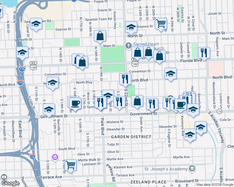 map of restaurants, bars, coffee shops, grocery stores, and more near 162 Camelio Avenue in Baton Rouge