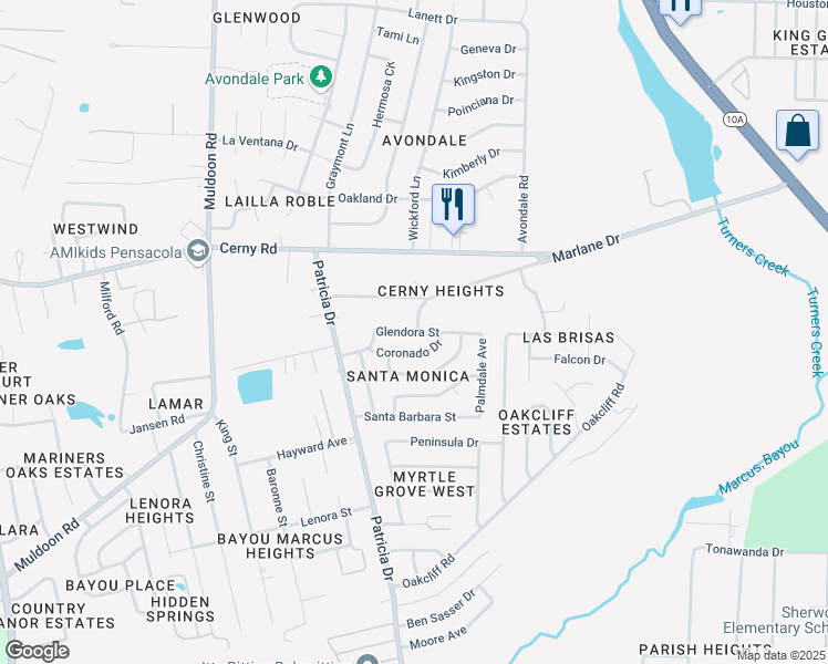 map of restaurants, bars, coffee shops, grocery stores, and more near 7130 Glendora Street in Bellview