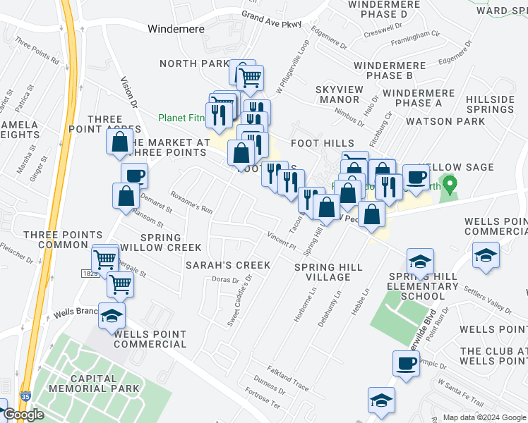map of restaurants, bars, coffee shops, grocery stores, and more near 1164 Miss Kimberly's Lane in Pflugerville