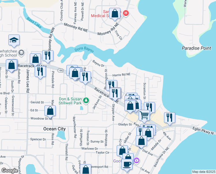 map of restaurants, bars, coffee shops, grocery stores, and more near 919 Washington Street in Fort Walton Beach