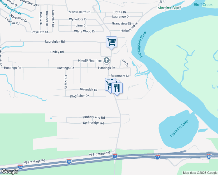map of restaurants, bars, coffee shops, grocery stores, and more near 1317 Rosemont Drive in Gautier