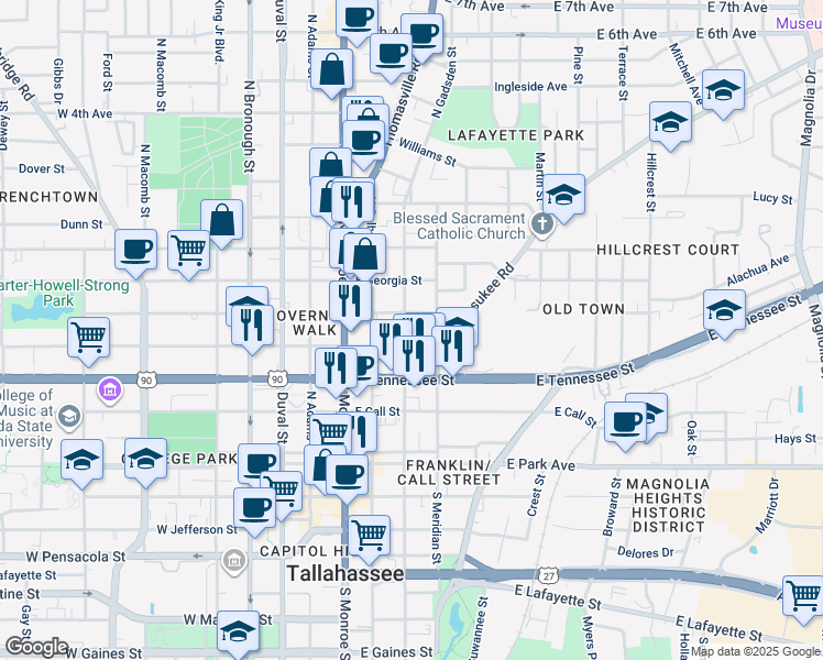 map of restaurants, bars, coffee shops, grocery stores, and more near 415 North Gadsden Street in Tallahassee