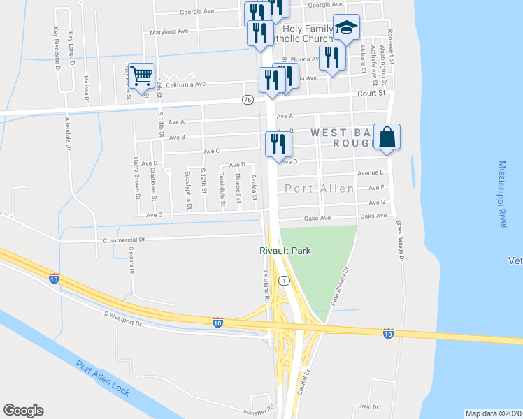 map of restaurants, bars, coffee shops, grocery stores, and more near 960 Avenue G in Port Allen