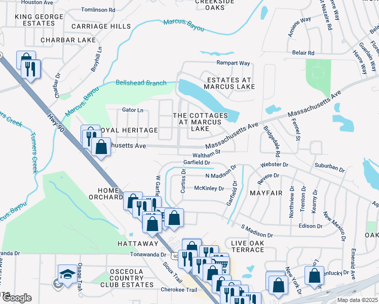 map of restaurants, bars, coffee shops, grocery stores, and more near 2278 Waltham Street in Pensacola
