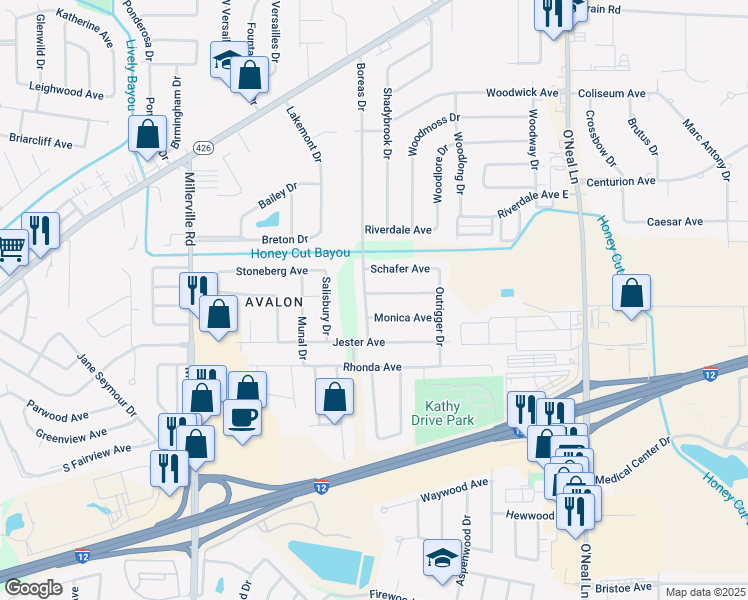 map of restaurants, bars, coffee shops, grocery stores, and more near 1453 Boreas Drive in Baton Rouge
