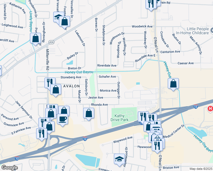 map of restaurants, bars, coffee shops, grocery stores, and more near 15335 Schnebelen Avenue in Baton Rouge