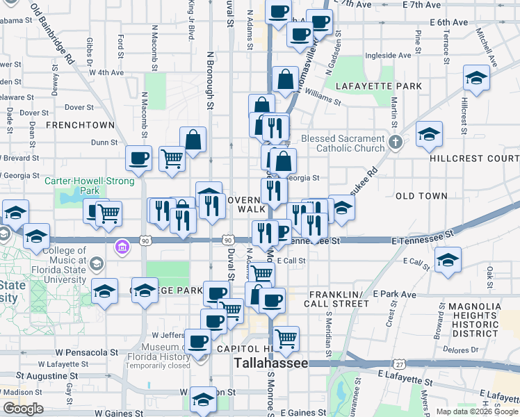 map of restaurants, bars, coffee shops, grocery stores, and more near in Tallahassee