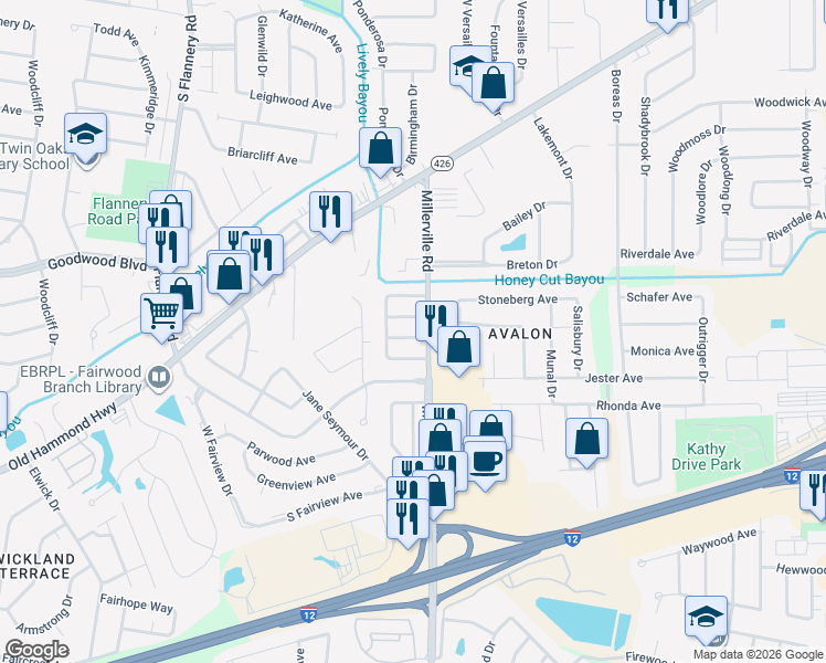 map of restaurants, bars, coffee shops, grocery stores, and more near 1463 Millerville Road in Baton Rouge