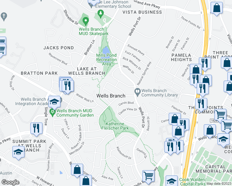 map of restaurants, bars, coffee shops, grocery stores, and more near 2204 Quiet Wood Drive in Austin