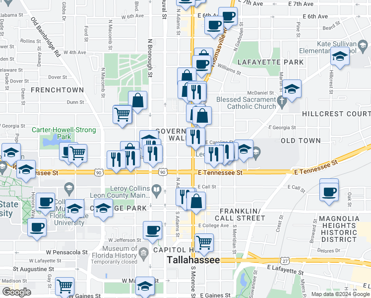 map of restaurants, bars, coffee shops, grocery stores, and more near in Tallahassee