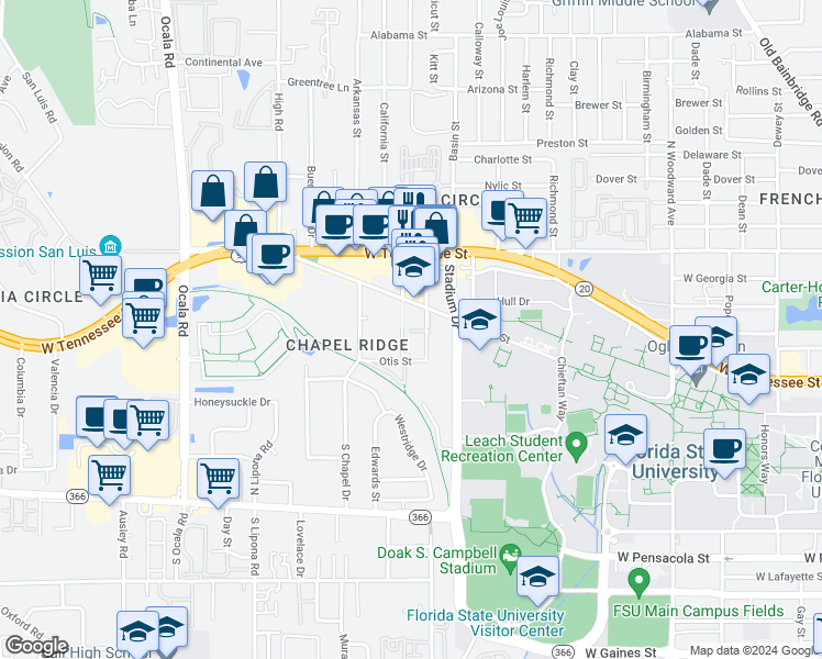 map of restaurants, bars, coffee shops, grocery stores, and more near 1707 West Call Street in Tallahassee