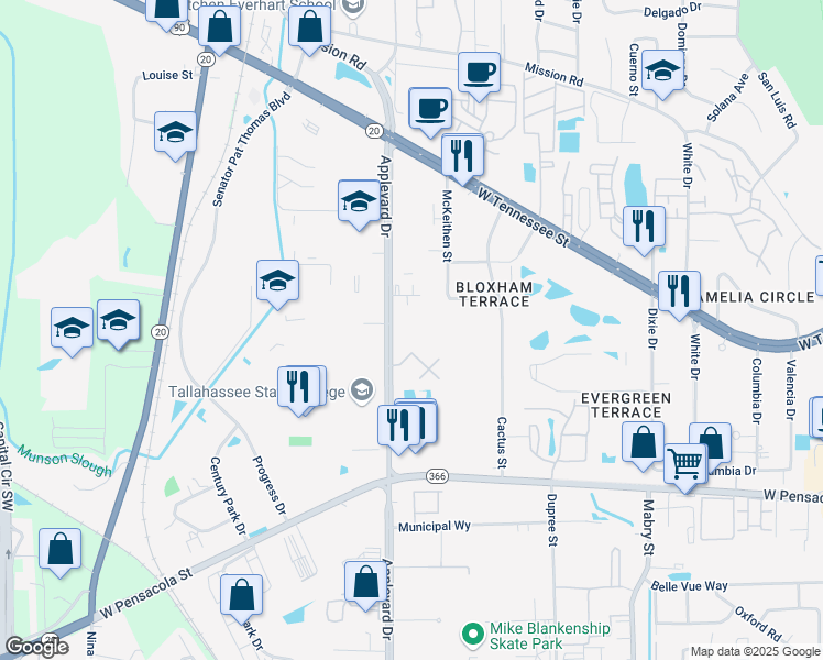map of restaurants, bars, coffee shops, grocery stores, and more near 475 Appleyard Drive in Tallahassee