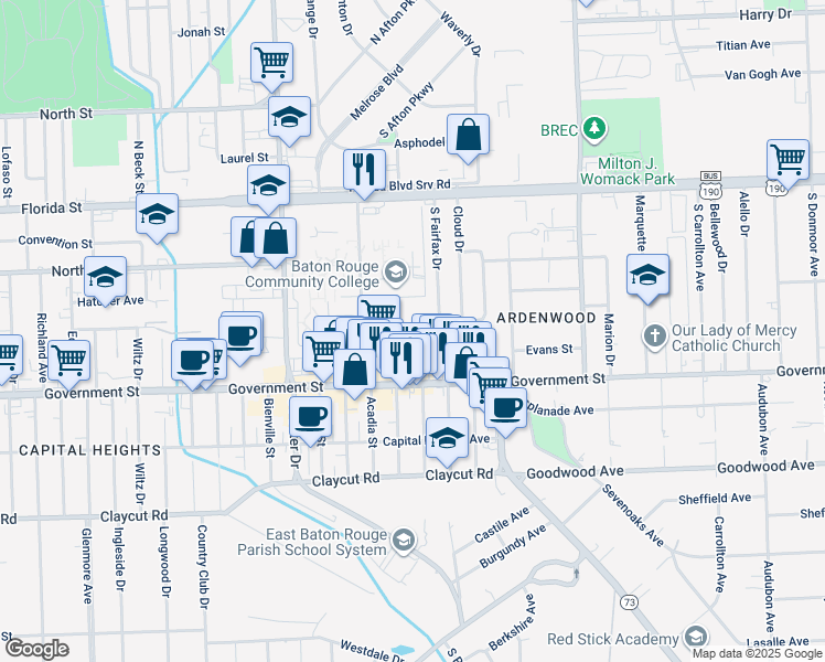 map of restaurants, bars, coffee shops, grocery stores, and more near 5445 Government Street in Baton Rouge