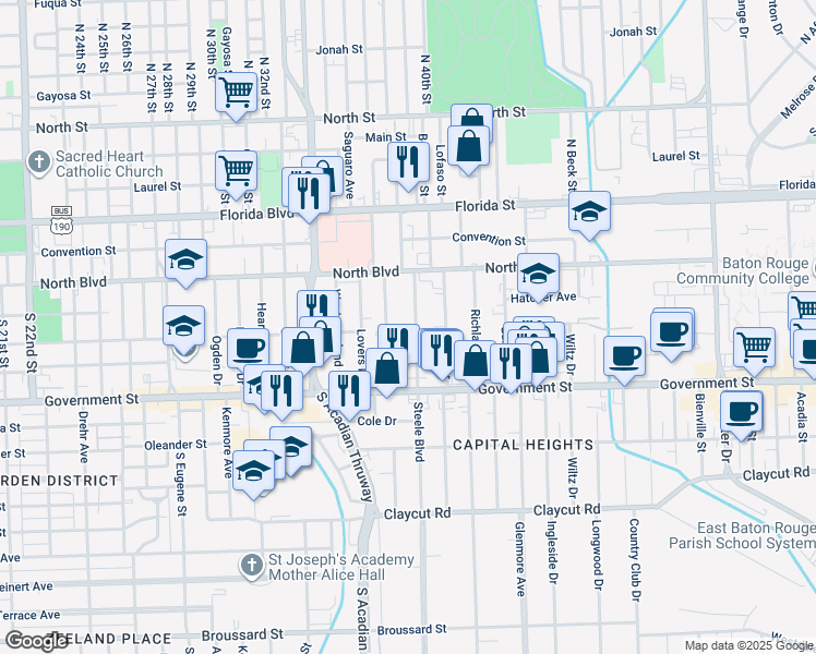map of restaurants, bars, coffee shops, grocery stores, and more near 223 Steele Boulevard in Baton Rouge
