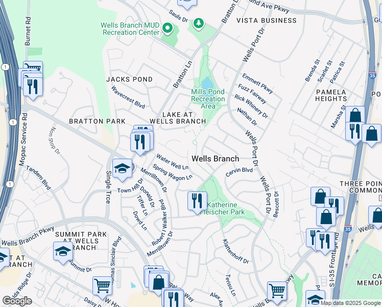 map of restaurants, bars, coffee shops, grocery stores, and more near 14814 Great Willow Drive in Austin