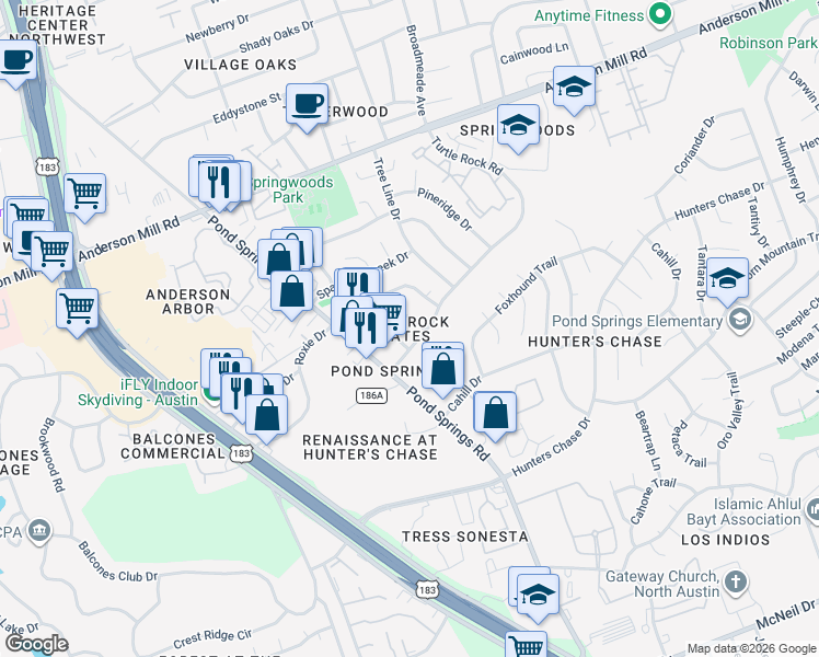 map of restaurants, bars, coffee shops, grocery stores, and more near 8710 Schick Road in Austin
