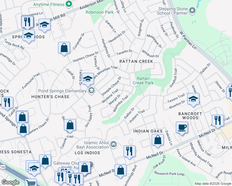 map of restaurants, bars, coffee shops, grocery stores, and more near 12913 Steeple-Chase Drive in Austin