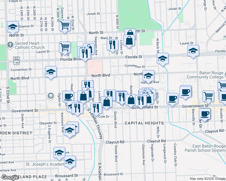 map of restaurants, bars, coffee shops, grocery stores, and more near 223 Steele Boulevard in Baton Rouge