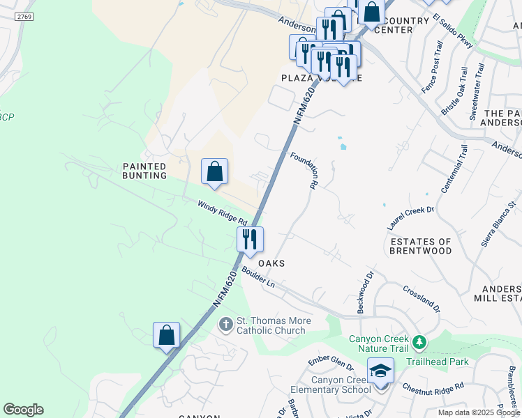 map of restaurants, bars, coffee shops, grocery stores, and more near North Ranch to Market 620 in Austin