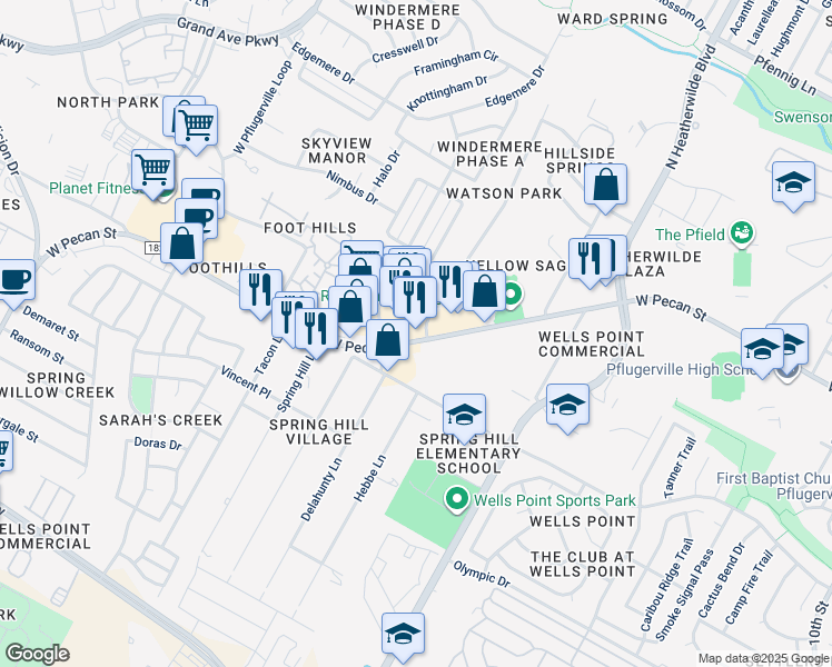 map of restaurants, bars, coffee shops, grocery stores, and more near 117 Farm to Market Road 1825 in Pflugerville