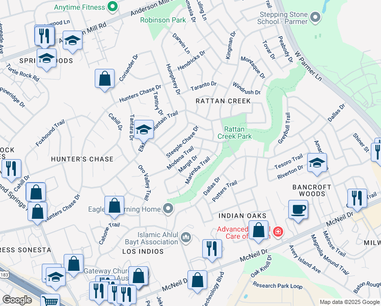 map of restaurants, bars, coffee shops, grocery stores, and more near 12913 Steeple-Chase Drive in Austin