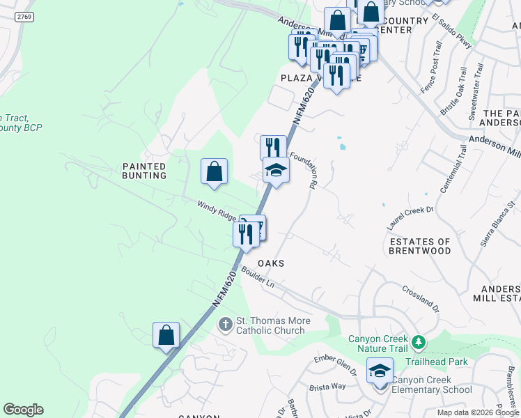 map of restaurants, bars, coffee shops, grocery stores, and more near North Ranch to Market 620 in Austin