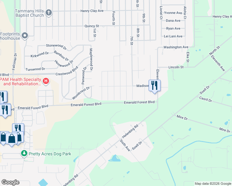 map of restaurants, bars, coffee shops, grocery stores, and more near 70063 Fifth Street in Covington