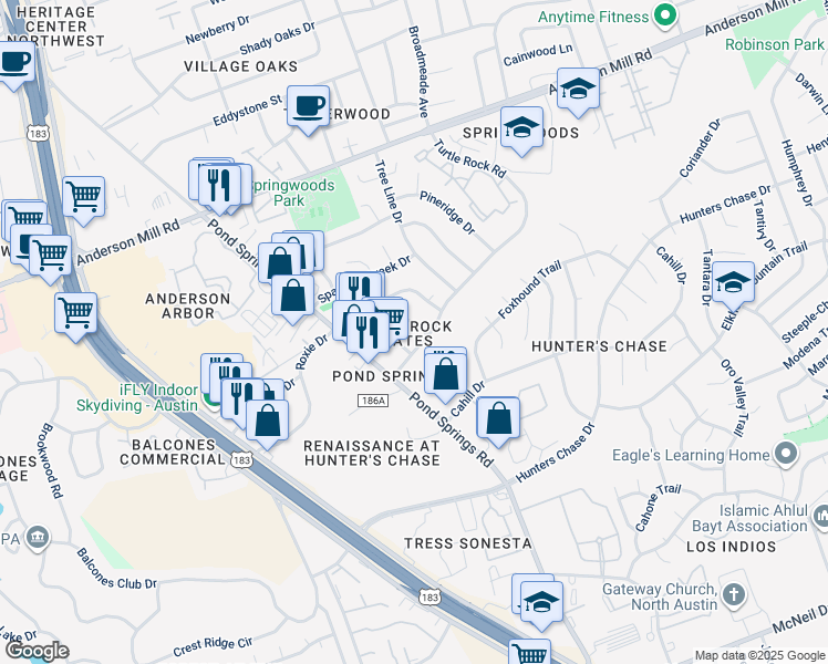 map of restaurants, bars, coffee shops, grocery stores, and more near 8710 Schick Road in Austin