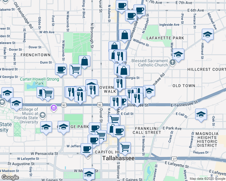 map of restaurants, bars, coffee shops, grocery stores, and more near in Tallahassee