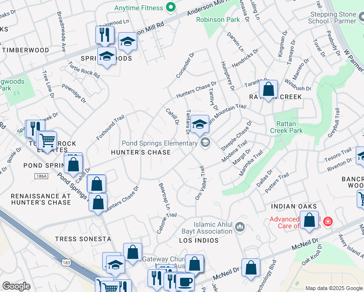 map of restaurants, bars, coffee shops, grocery stores, and more near 12709 Red Deer Pass in Austin