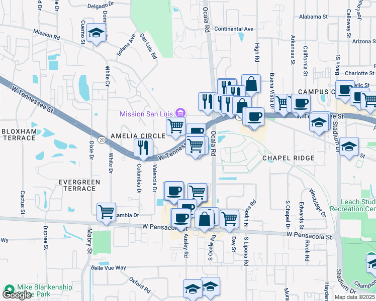 map of restaurants, bars, coffee shops, grocery stores, and more near 2095-2107 West Tennessee Street in Tallahassee
