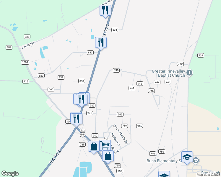 map of restaurants, bars, coffee shops, grocery stores, and more near 658 County Road 740 in Buna
