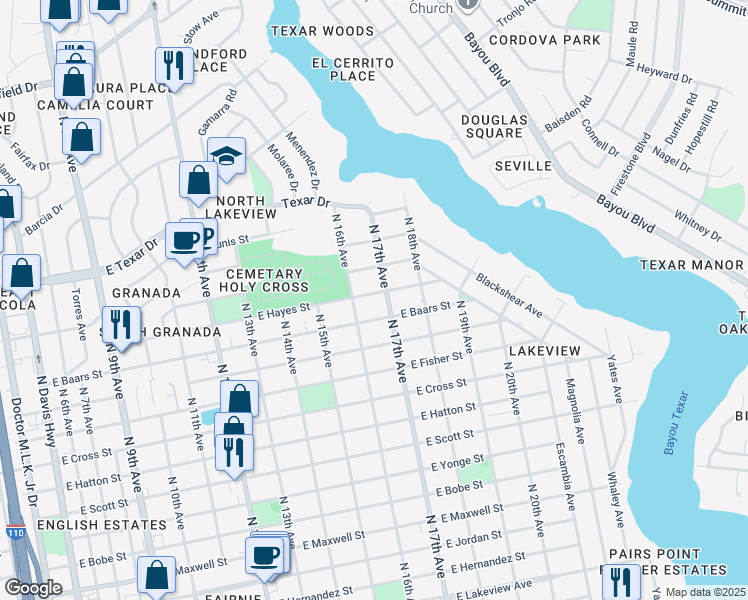 map of restaurants, bars, coffee shops, grocery stores, and more near 1640 East Hayes Street in Pensacola