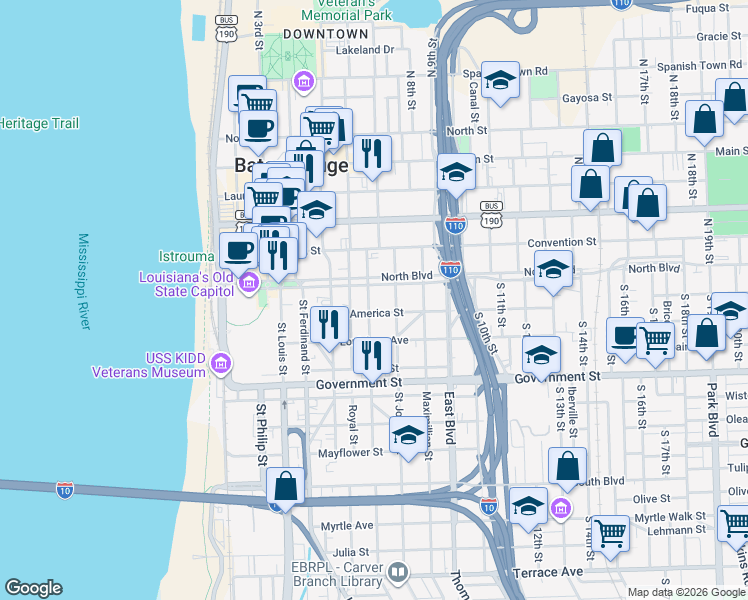 map of restaurants, bars, coffee shops, grocery stores, and more near 710 North Boulevard in Baton Rouge