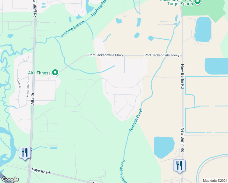 map of restaurants, bars, coffee shops, grocery stores, and more near 3550 Alta Lakes Boulevard in Jacksonville