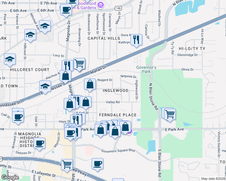 map of restaurants, bars, coffee shops, grocery stores, and more near in Tallahassee