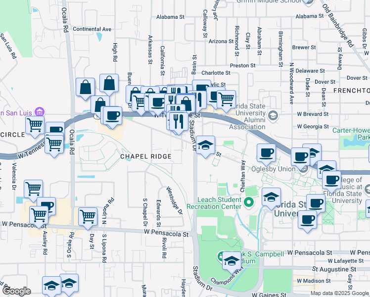 map of restaurants, bars, coffee shops, grocery stores, and more near 445 Conradi Street in Tallahassee