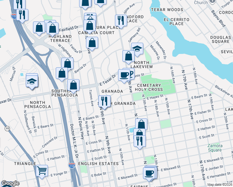 map of restaurants, bars, coffee shops, grocery stores, and more near 28 Escalona Avenue in Pensacola