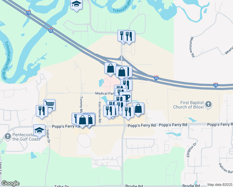 map of restaurants, bars, coffee shops, grocery stores, and more near 1720 Medical Park Dr in Biloxi