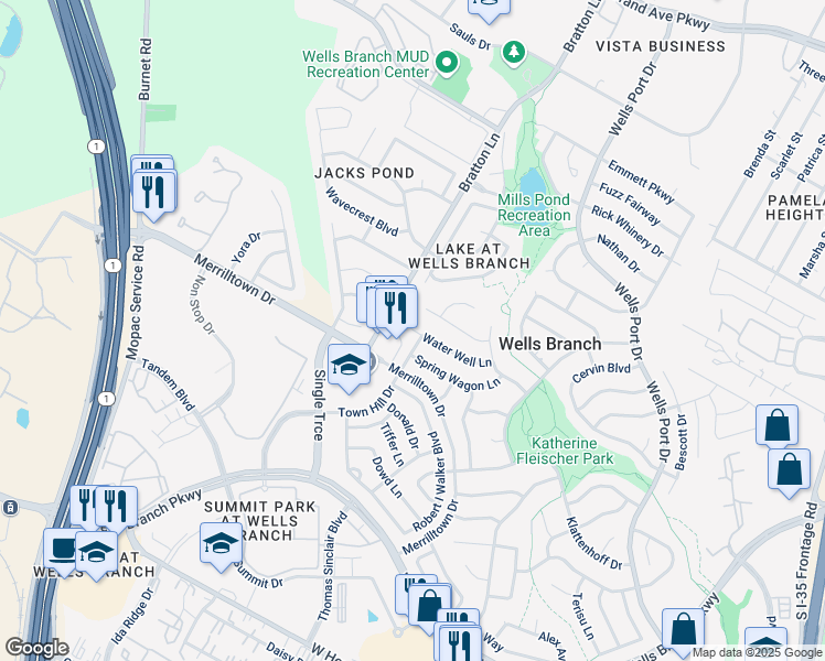 map of restaurants, bars, coffee shops, grocery stores, and more near 2507 Wood Chase Trail in Austin