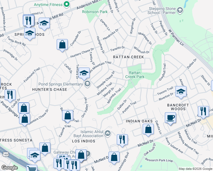 map of restaurants, bars, coffee shops, grocery stores, and more near 12913 Steeple-Chase Drive in Austin